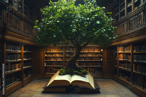 Tree Growing from Book in Library Interior.