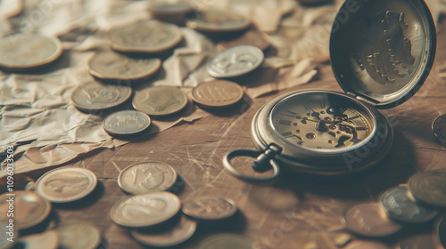 Vintage pocket watch on weathered wooden table with old coins and crumpled paper showing rising graph, symbolizing cost inflation and historical value. 