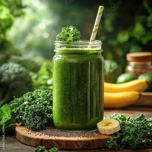 A refreshing green smoothie made with fresh spinach, kale, banana, and sprinkled chia seeds, featuring vibrant greens and soft yellows, in a modern and healthy style, with a clear glass jar