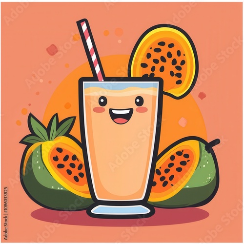 A cheerful illustration of a fruity drink with a smiling face, surrounded by fresh papayas and a bright background.