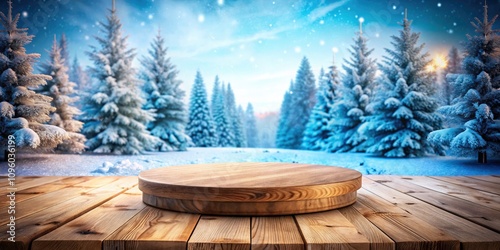 Winter Empty Pedestal Background for Product Photography - Xmas Wooden Scene with Blurred Forest Trees, Perfect for Holiday Displays and Seasonal Marketing