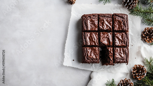 Spiced Brownies: a classic and delicious chocolate cake that's perfect for Christmas. It features dark brown frosting on top with a slice taken out to reveal its rich texture inside. The background is