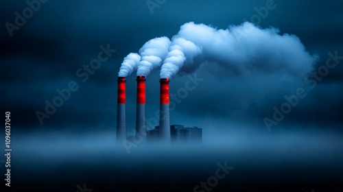 Industrial Fog: A haunting silhouette of smokestacks belching thick plumes of smoke into a dense, foreboding fog.