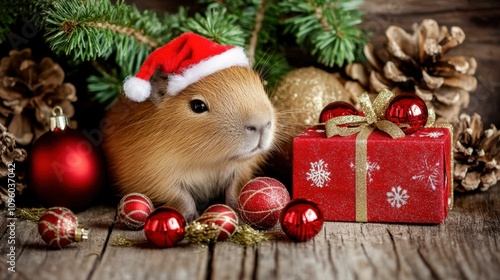 A capybara with a red hat on its head. The hat has a snowflake on it