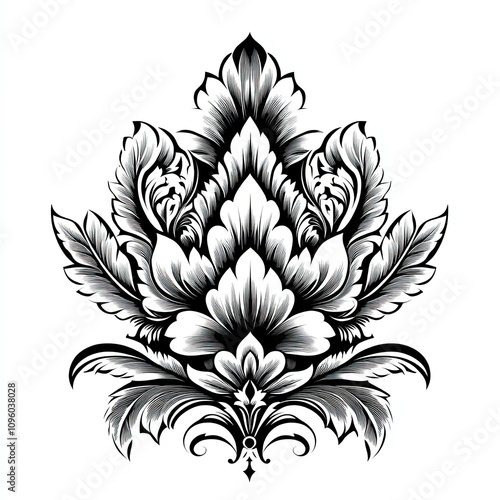 A detailed black and white floral design featuring intricate leaves and blossoms, showcasing elegant symmetry and artistic flair.