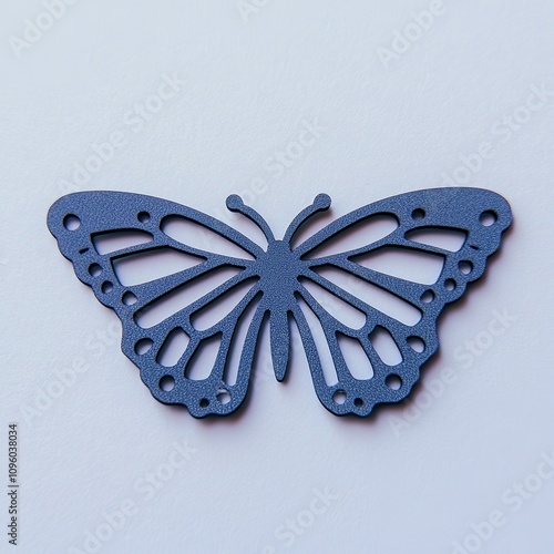 A blue decorative butterfly embellishment, intricately designed with cut-out patterns, resting against a soft background.