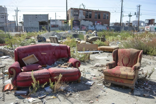 A vacant lot filled with discarded furniture pieces, such as an old mattress, broken chairs, and a torn sofa, creating an impromptu living space for the homeless 