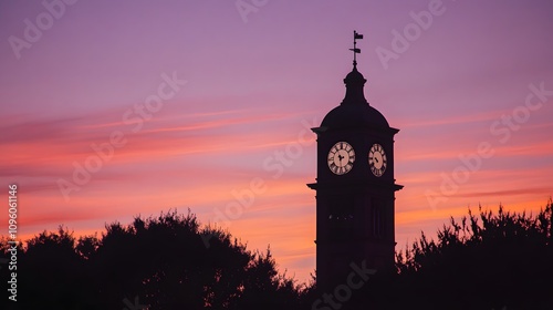 42. A historic clocktower silhouetted against a pastel sunset, taken with faded saturation