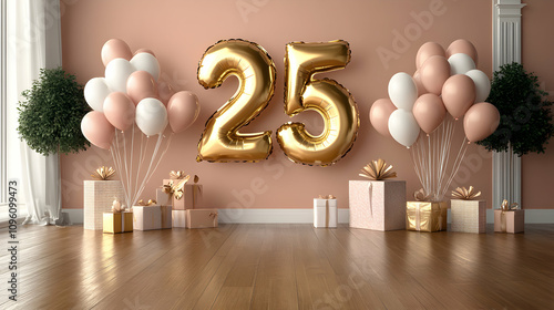 Gold Balloon Number 25 Floating in a Room with Pink and White Balloons, Gifts, and Plants on a Wooden Floor