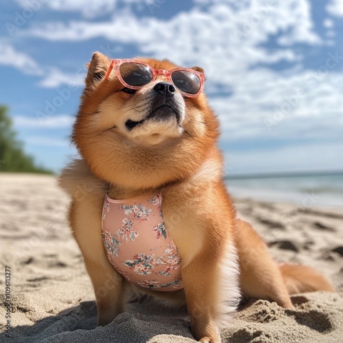 Chow Chow wearing sunglasses, dressed for the beach, can see the whole body.2