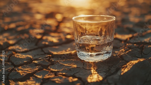 Glass of water on cracked dry soil illuminated by sunlight, representing drought and the critical need for hydration in arid environments.