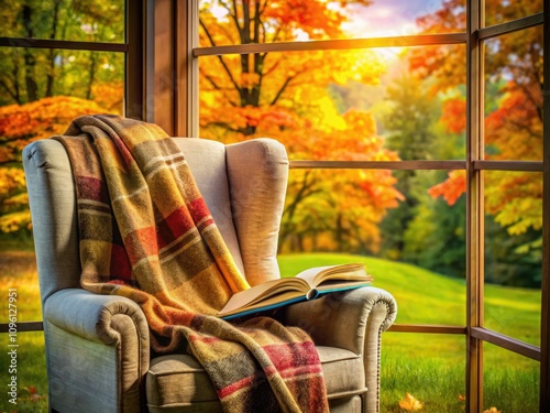 Cozy Autumn Reading Nook by the Window with Lush Green Lawn and Colorful Foliage