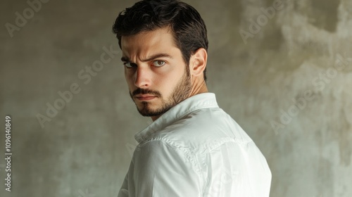 Man in a white shirt looking back at the camera with an intense, critical expression against a neutral background