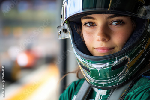 Racing Girl Exudes Determination and Passion in Vibrant Green Racing Suit at the Circuit