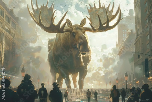 a surreal scene of an enormous moose standing in the middle of an urban plaza, its antlers blending with the skyline