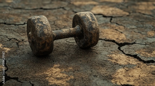 Rusty Dumbbell on Cracked Ground Symbolizing Neglected Fitness and the Struggle Against Fitness Challenges in a Dry Environment