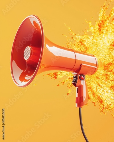 A vibrant orange megaphone bursts with energy against a yellow background, symbolizing loud communication and attention-grabbing announcements.