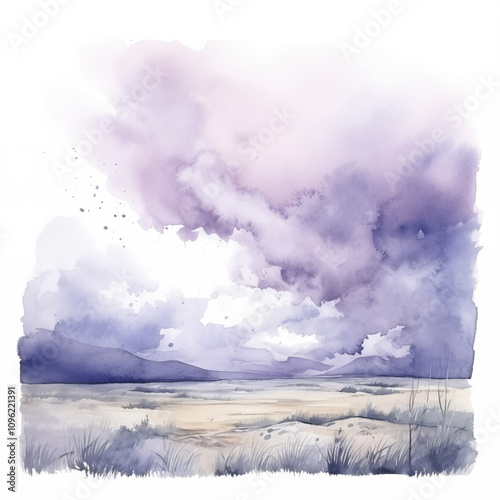 Watercolor landscape highlights dramatic purple clouds, soft earthy tones, open plains, and a tranquil natural atmosphere.