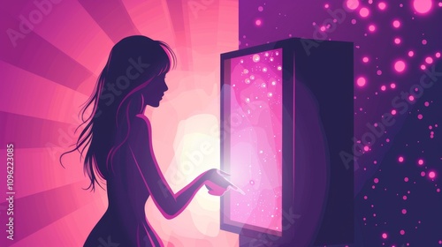 Mysterious Woman Opening a Glowing Box with Mystical Pink Sparkling Light