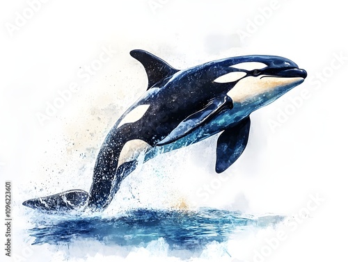 An orca whale leaping gracefully out of the ocean with water splashing around it and the vast ocean stretching out in the background