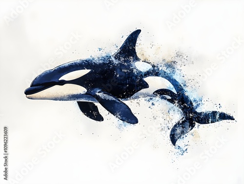 An orca whale leaping gracefully out of the ocean with water splashing around it and the vast ocean stretching out in the background