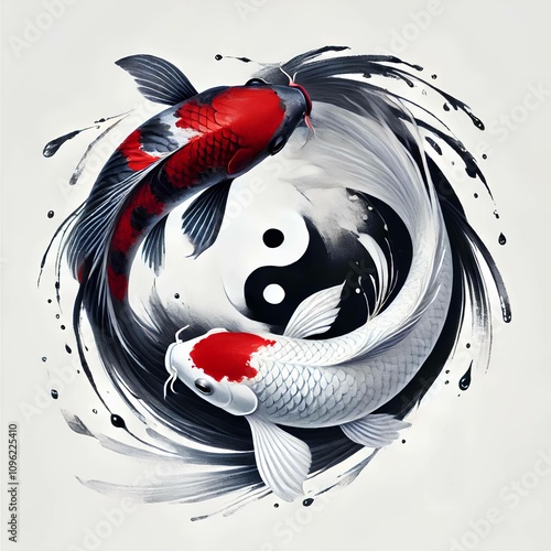 Two koi fish in red and white form a Yin-Yang symbol, surrounded by water splashes and black ink.