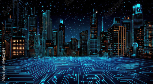 Digital cityscape with circuit board patterns and glowing lights, representing the next wave of AI technology in urban development