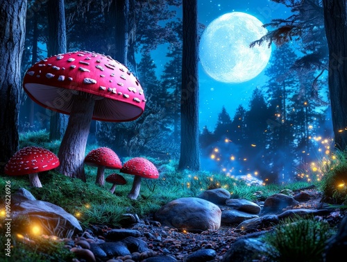 Enchanted Forest Scene with Glowing Mushrooms and Fireflies Under a Full Moon, Capturing the Mystical Essence of Nature's Nighttime Beauty