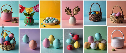 A collage of Easter eggs and flowers with the words Happy Tisday written in the center