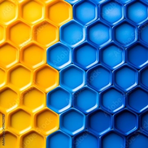 Colorful hexagonal pattern in blue and yellow with a modern design.