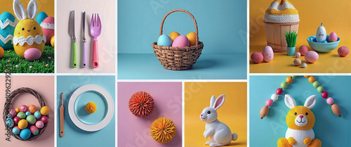 A collage of Easter eggs and flowers with the words Happy Tisday written in the center