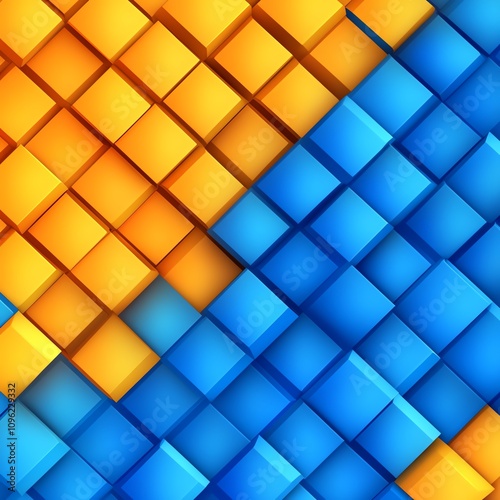 Colorful geometric pattern of 3D cubes in blue and orange shades, white isolate background.