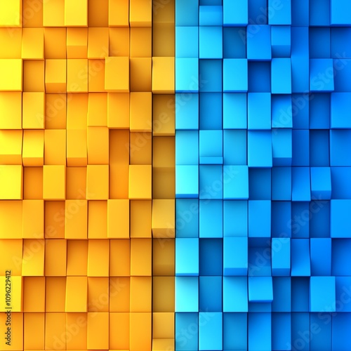 Colorful 3D cube pattern in yellow and blue on a white background.