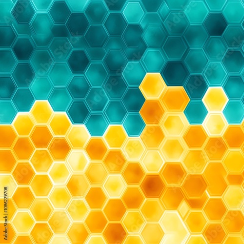 Colorful hexagonal pattern in shades of teal and yellow on an abstract background.