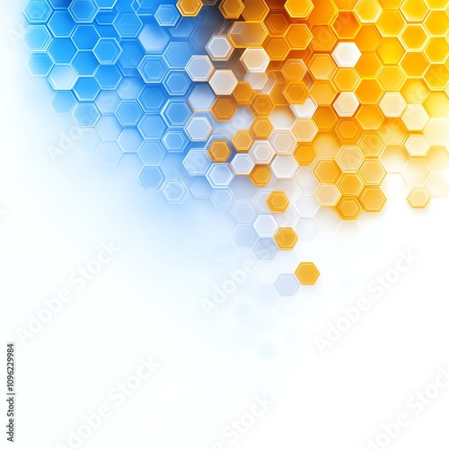 Colorful hexagonal patterns in blue and orange on a white background.