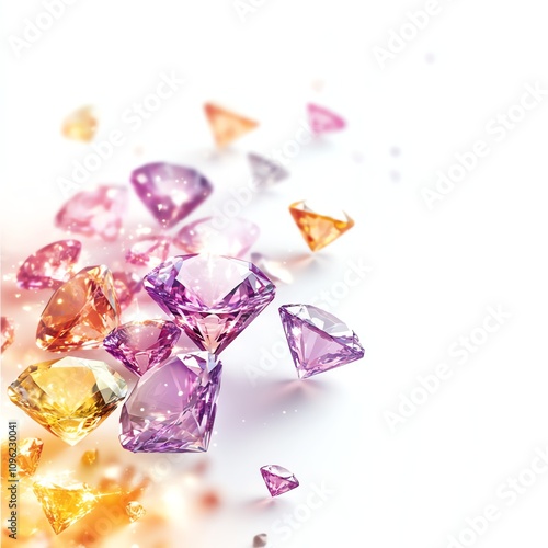 Colorful diamonds scattered over a white background, sparkling and vibrant.