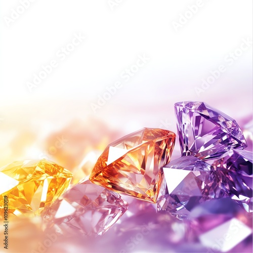 Colorful diamonds sparkling on white isolated background.