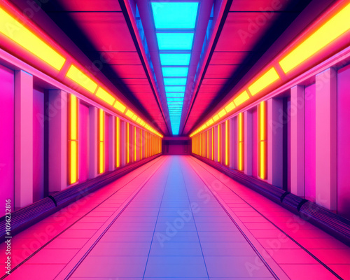 Futuristic hallway with vibrant neon lights and modern design.