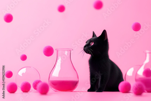 A black cat curiously observes vibrant pink spheres and glassware.