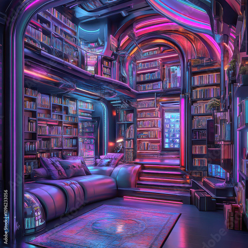 A vibrant, modern library room with colorful lighting and books.