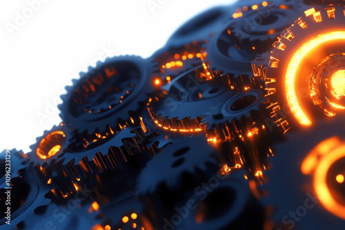 Close-up view of intricate gears illuminated with orange light.