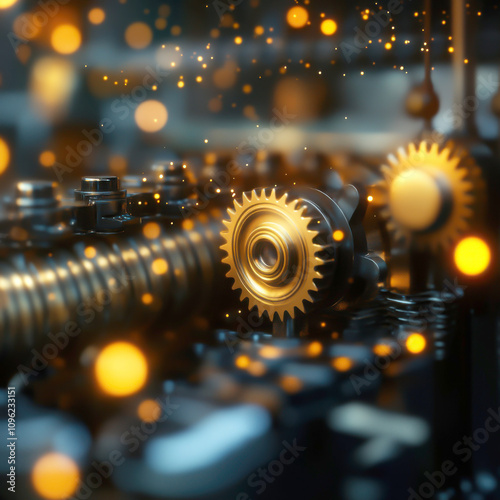 Close-up of intricate gears illuminated by warm lights.