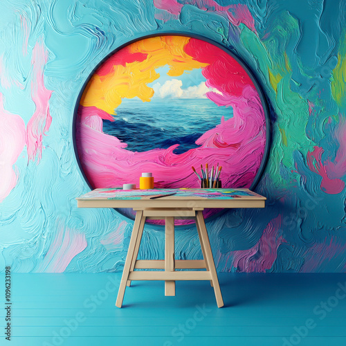 Colorful art studio interior with vibrant ocean mural and table.