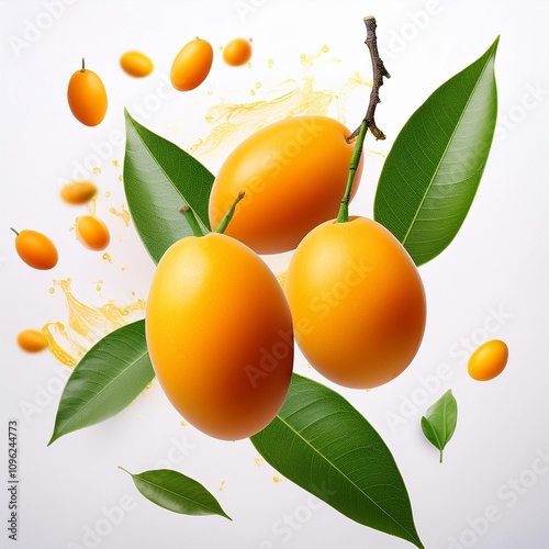 falling marian plum or plum mango fruit with green leaves and branch on a white background