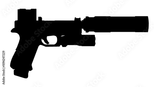 silhouette Austrian G19 pistol with collimator sight and flashlight on a white background