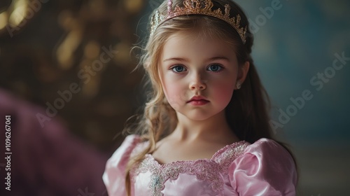 Little girl in a delightful pink princess gown with a tiara, exuding joy and innocence in a whimsical, fairy-tale setting.