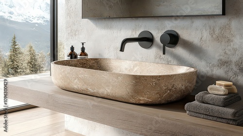  Minimalist bathroom with large rectangular honed stone sink and matte black wall-mounted faucet, showcasing chic modern design.