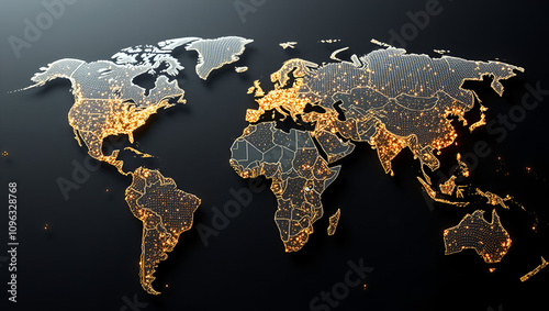 3D rendering of the world map with mesh lines densely populating the most urbanized areas, highlighted with bright dots