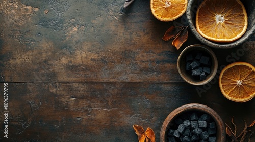 Hookah coals and dried oranges displayed on rustic wooden surface with bowls arranged artistically, offering a top view and space for additional text.