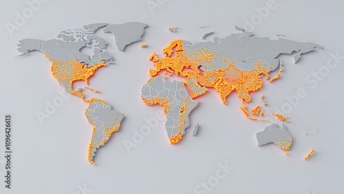 3D rendering of the world map with mesh lines densely populating the most urbanized areas, highlighted with bright dots